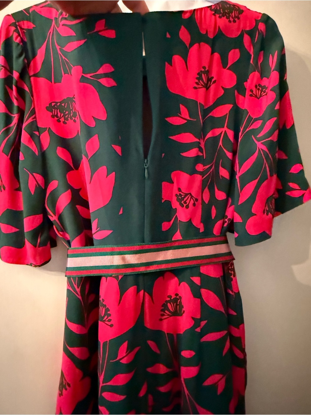 Boden Green Dress with Pink Floral Print and Striped Waist Tie-sz US 8 - Picture 4 of 9
